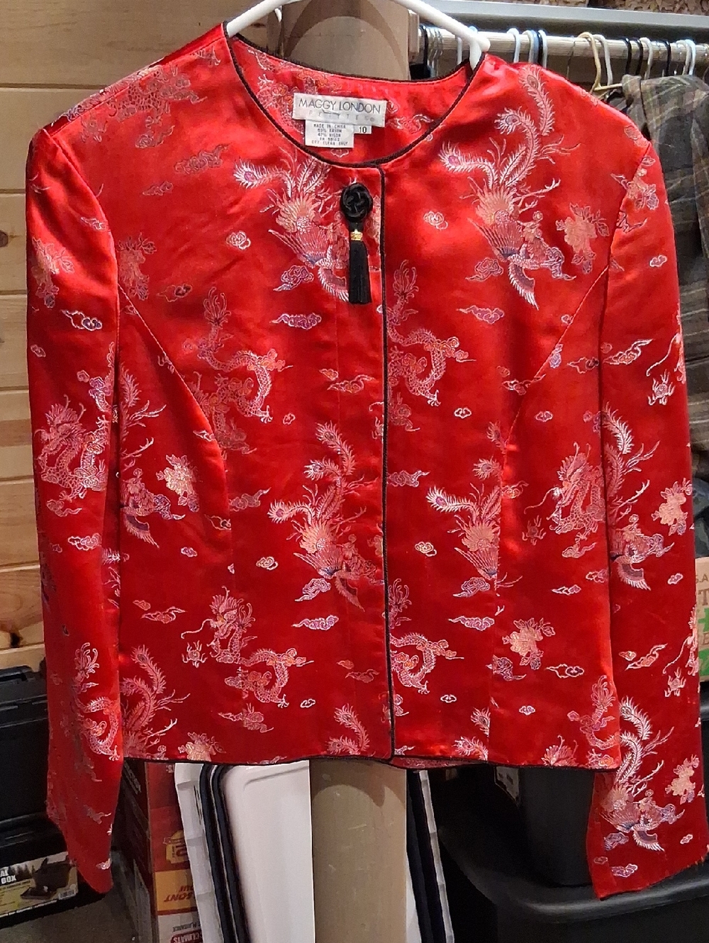 Maggy London Scarlet Satin Dragon-Embroidered Jacket